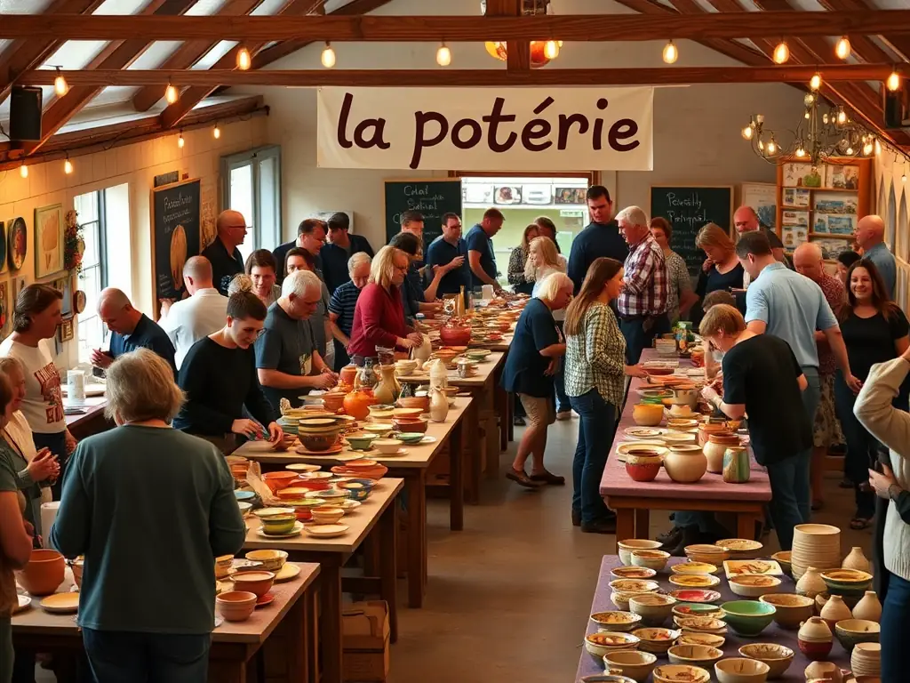 A vibrant scene from a community gathering at 'la poterie', featuring pottery displays, live demonstrations, and attendees interacting and enjoying the artistic atmosphere.