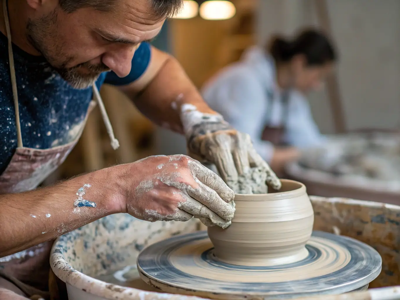 A group of participants actively engaged in a pottery workshop, shaping clay on pottery wheels under the guidance of an instructor, showcasing the hands-on learning experience.