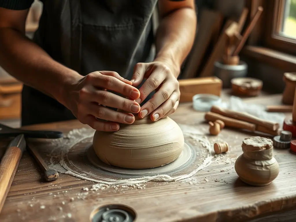 A close-up shot of an instructor demonstrating a specific pottery technique, such as trimming or carving, with focused attention on the details.