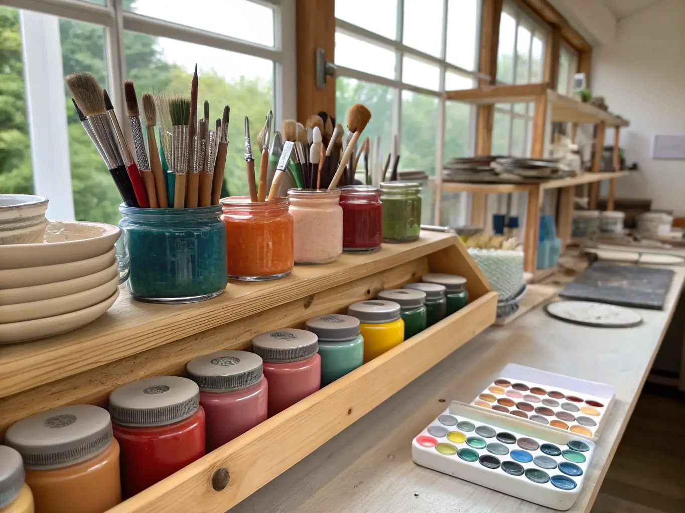 Participants in a creative session, experimenting with different glazing techniques and colors on their finished pottery pieces, highlighting the artistic expression involved.